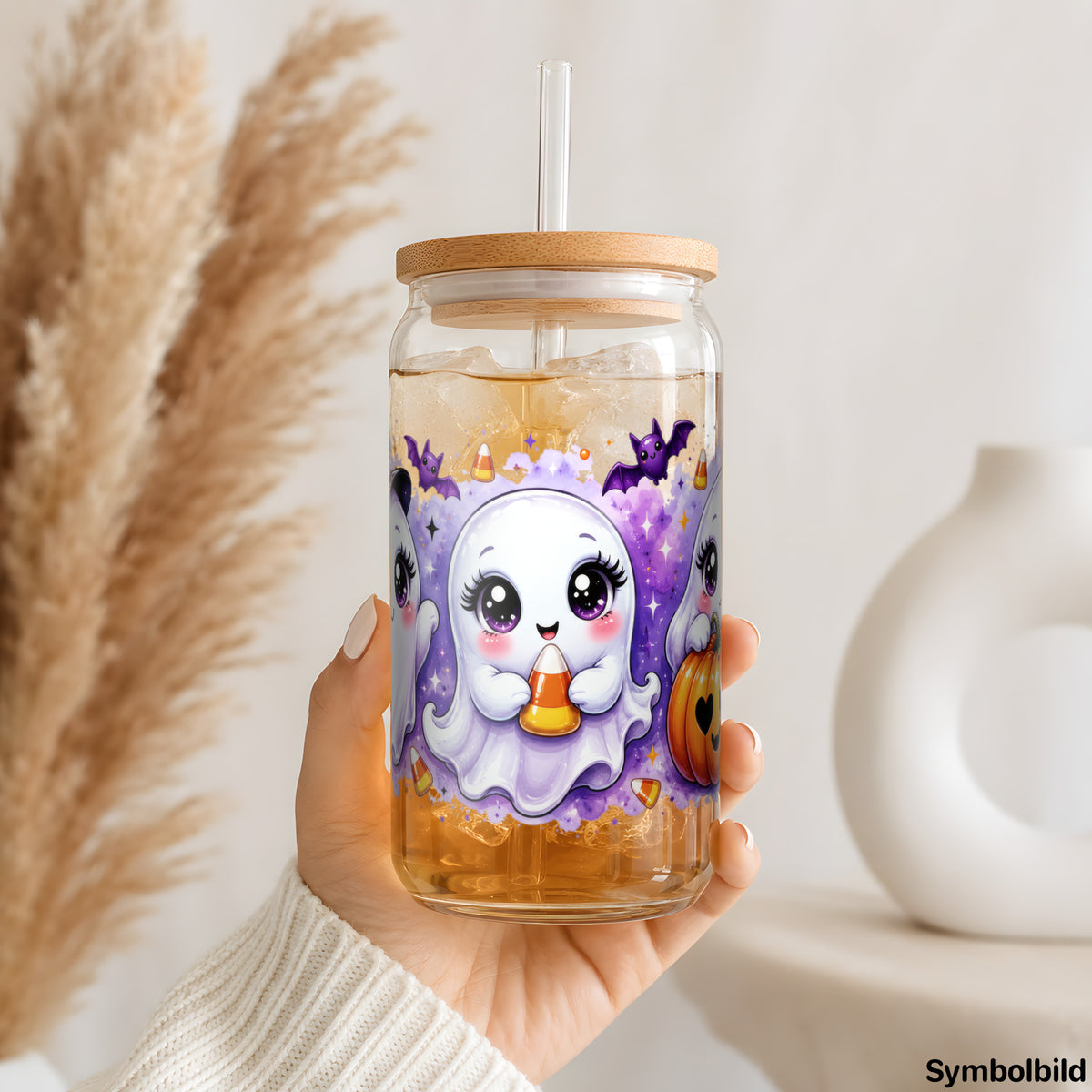 Becher-Aufkleber „Drei kleine Geisterchen“ auf einem 16oz Glasbecher