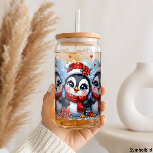 Becher-Aufkleber „Pinguine mit Weihnachtsmütze“ auf einem 16oz Glasbecher