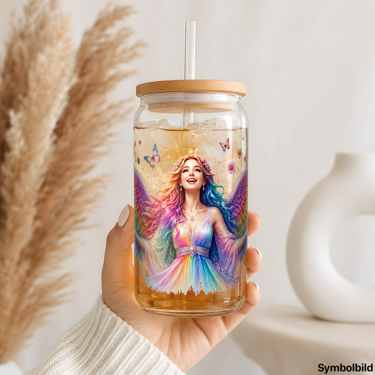 Regenbogenengel-Aufkleber auf einem 16oz Glasbecher