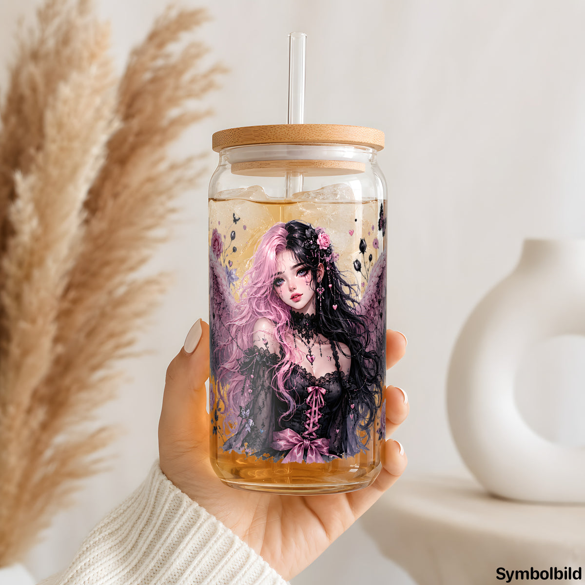 Becher-Aufkleber „Engel in Rosé und Schwarz“ auf einem 16oz Glasbecher