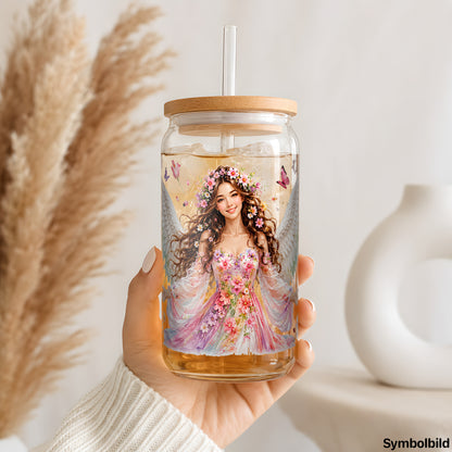 Frühlingsengel-Aufkleber auf einem 16oz Glasbecher
