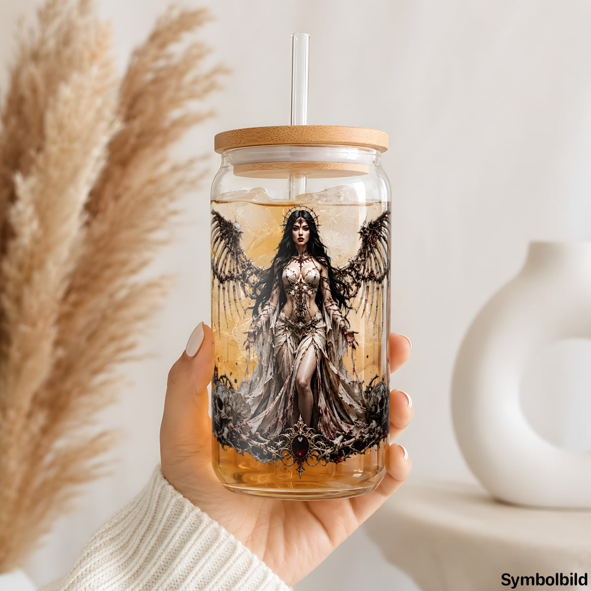 Becher-Aufkleber „Engel mit Knochenflügeln“ auf einem 16oz Glasbecher
