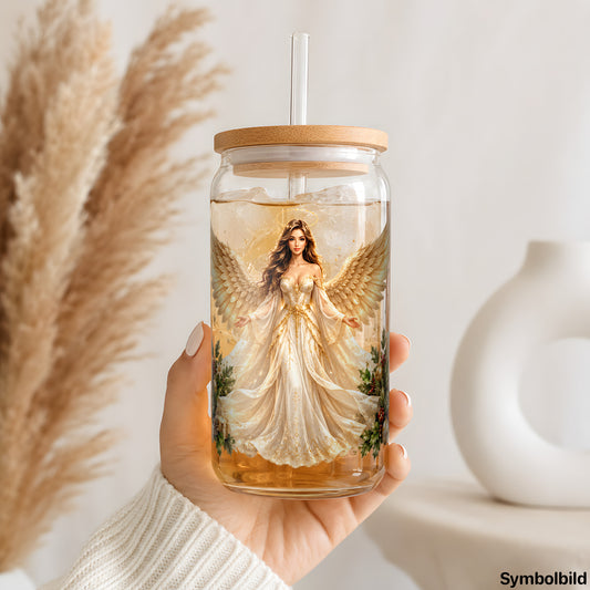 Becher-Aufkleber „Weihnachtsengel in Gold“ auf einem 16oz Glasbecher