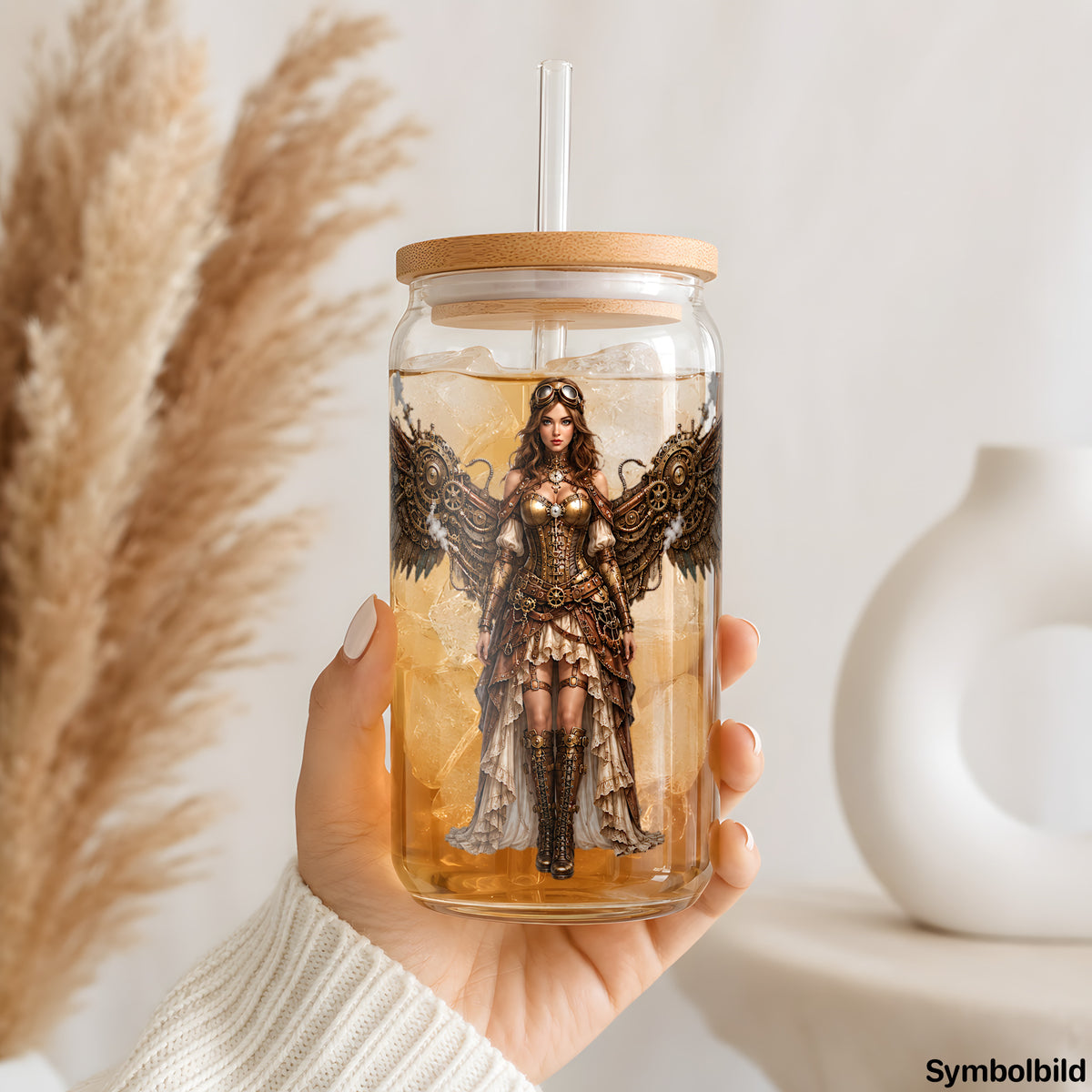 Steampunk-Engel-Aufkleber auf einem 16oz Glasbecher