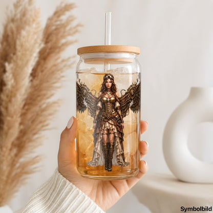 Steampunk-Engel-Aufkleber auf einem 16oz Glasbecher