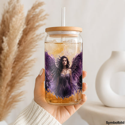 Purpurengel-Aufkleber auf einem 16oz Glasbecher
