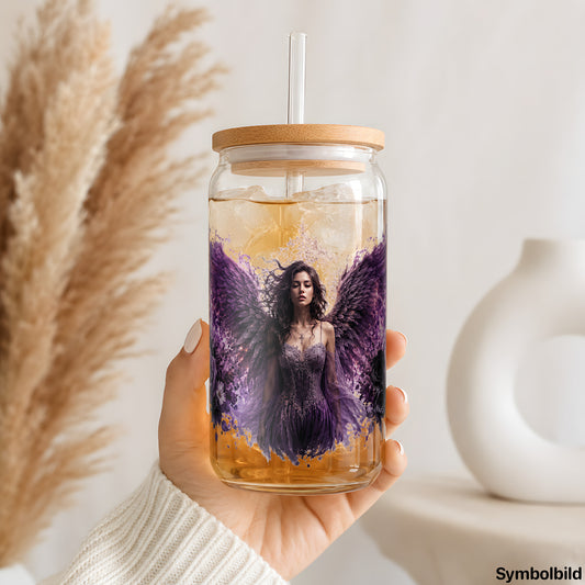 Purpurengel-Aufkleber auf einem 16oz Glasbecher