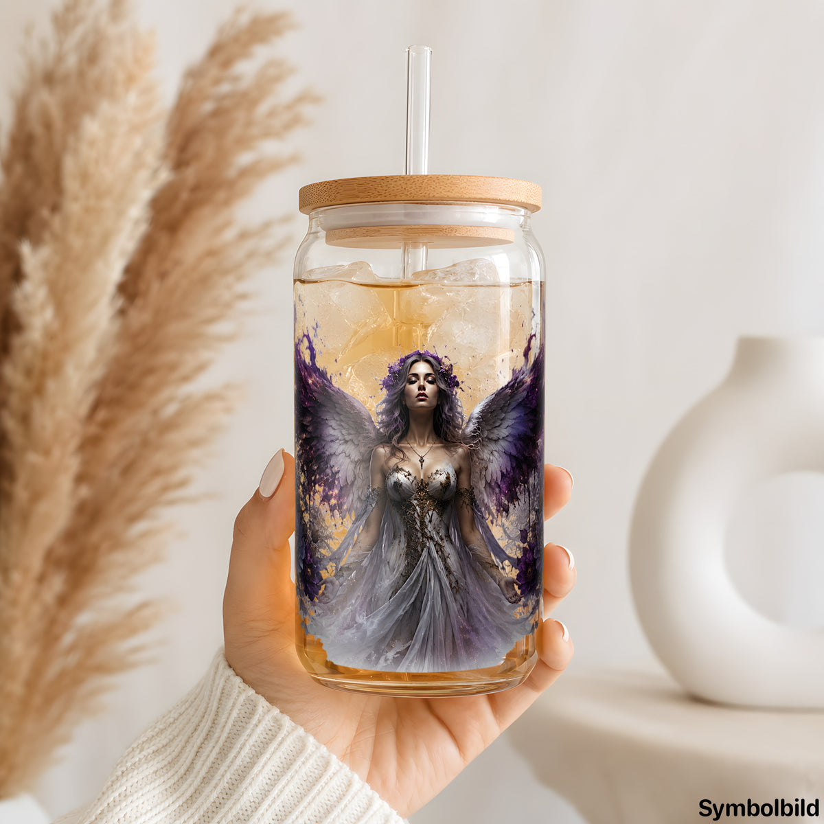 Becher-Aufkleber „Violetter Engel“ auf einem 16oz Glasbecher