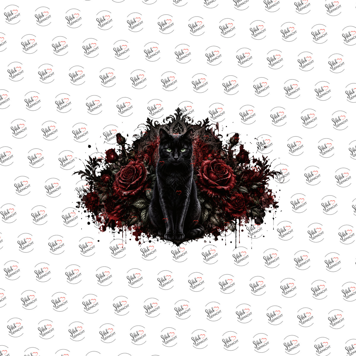 Schwarze Katze in dunklen Rosen als Rub-on-Sticker, einzeln