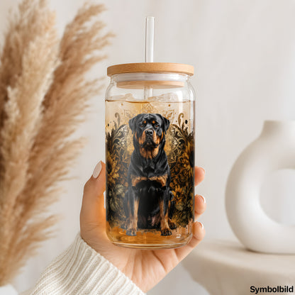Becher-Aufkleber „Rottweiler in Sonnenblumen“ auf einem 16oz Glasbecher