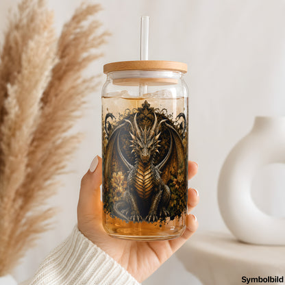 Becher-Aufkleber „Goldener Drache in Blüten“ auf einem 16oz Glasbecher
