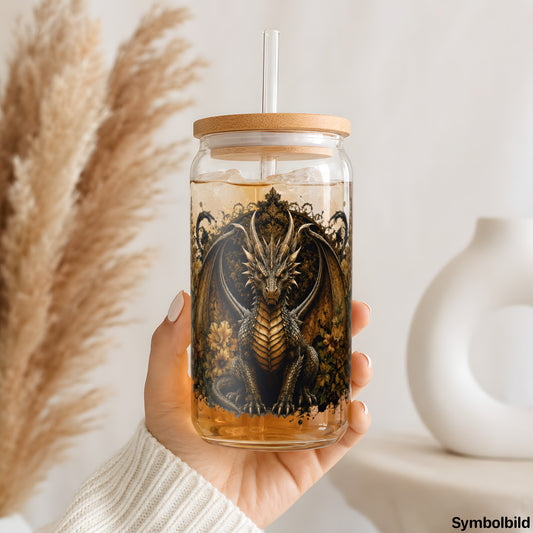 Becher-Aufkleber „Goldener Drache in Blüten“ auf einem 16oz Glasbecher