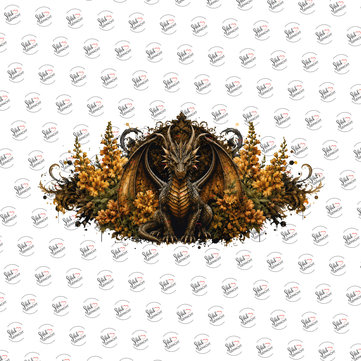 Goldener Drache in Blüten als Rub-on-Sticker, einzeln