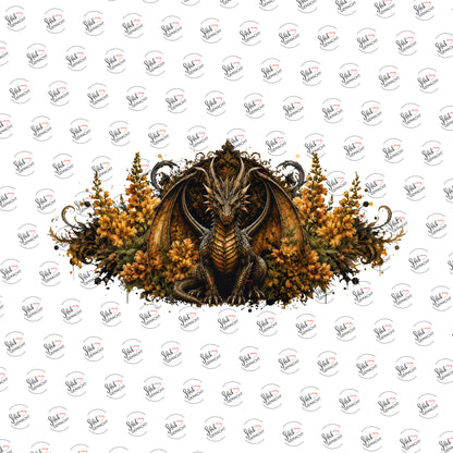 Goldener Drache in Blüten als Rub-on-Sticker, einzeln