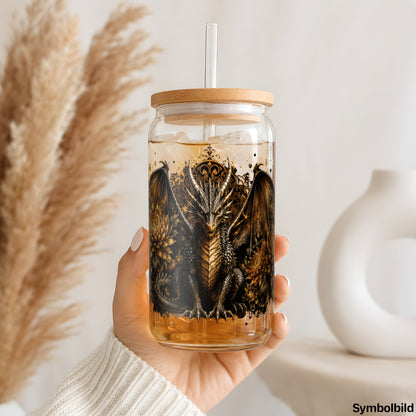 Becher-Aufkleber „Drache in Herbstblüten“ auf einem 16oz Glasbecher
