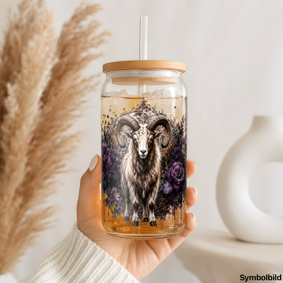 Becher-Aufkleber „Highland-Rind in Blüten“ auf einem 16oz Glasbecher