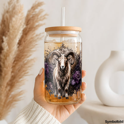 Becher-Aufkleber „Highland-Rind in Blüten“ auf einem 16oz Glasbecher