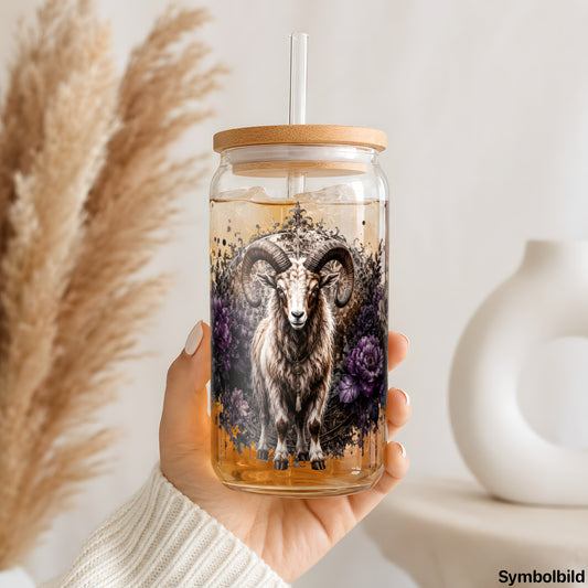Becher-Aufkleber „Highland-Rind in Blüten“ auf einem 16oz Glasbecher