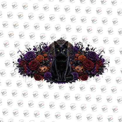 Schwarze Katze im Blumenmeer als Rub-on-Sticker, einzeln