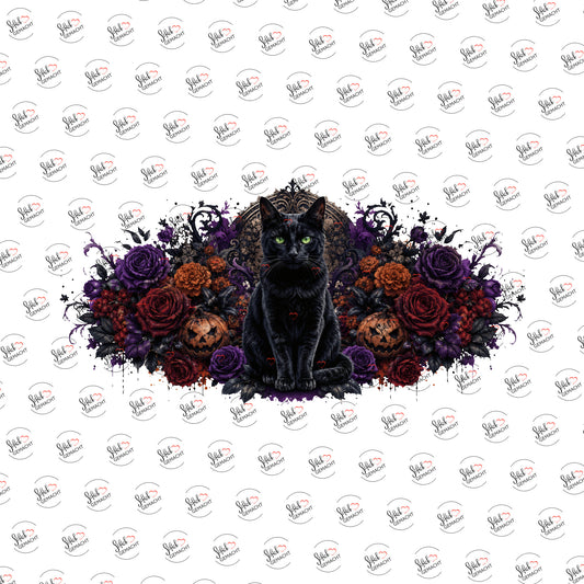 Schwarze Katze im Blumenmeer als Rub-on-Sticker, einzeln