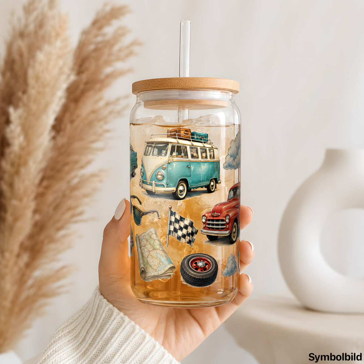 Oldtimer-Sammlung-Aufkleber auf einem 16oz Glasbecher