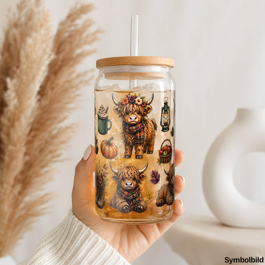 Becher-Aufkleber „Highland-Rinder im Herbst“ auf einem 16oz Glasbecher