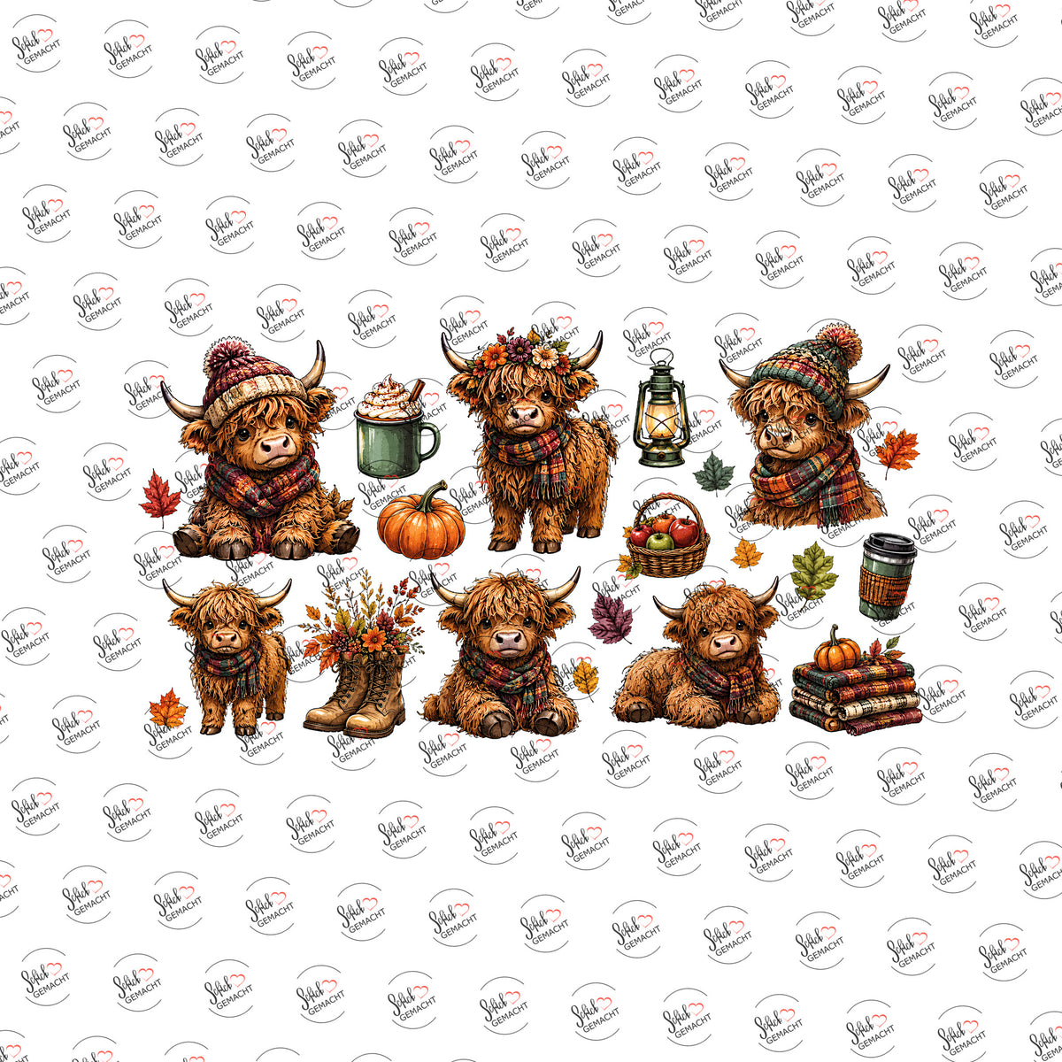 Highland-Rinder im Herbst als Rub-on-Sticker, einzeln