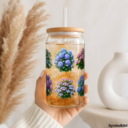 Becher-Aufkleber „Hortensien in Pastell“ auf einem 16oz Glasbecher