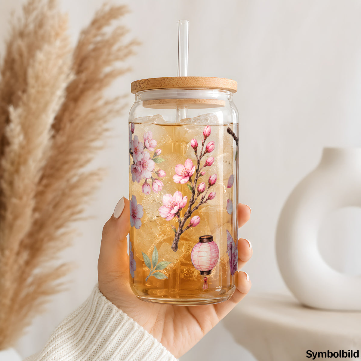 Becher-Aufkleber „Kirschblüten in Aquarell“ auf einem 16oz Glasbecher