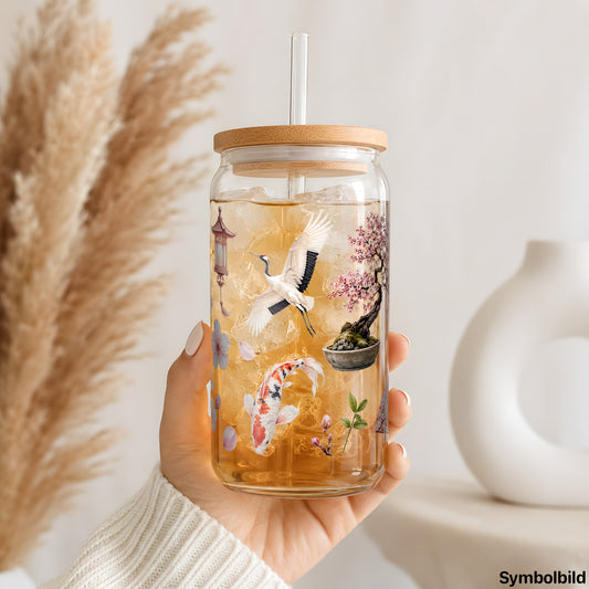 Becher-Aufkleber „Koi und Kirschblüten“ auf einem 16oz Glasbecher