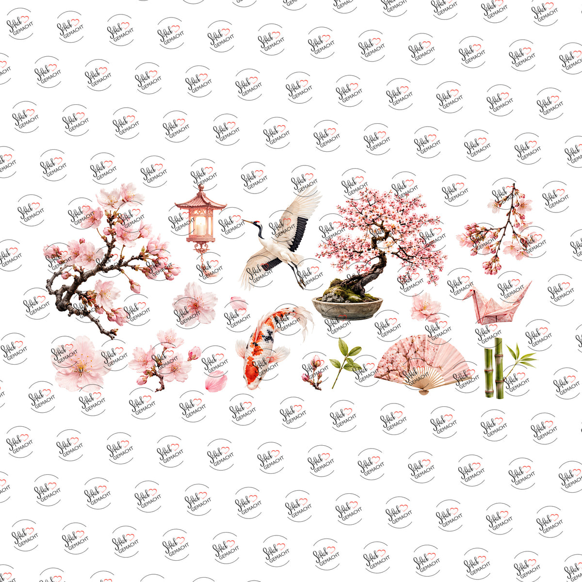 Koi und Kirschblüten als Rub-on-Sticker, einzeln