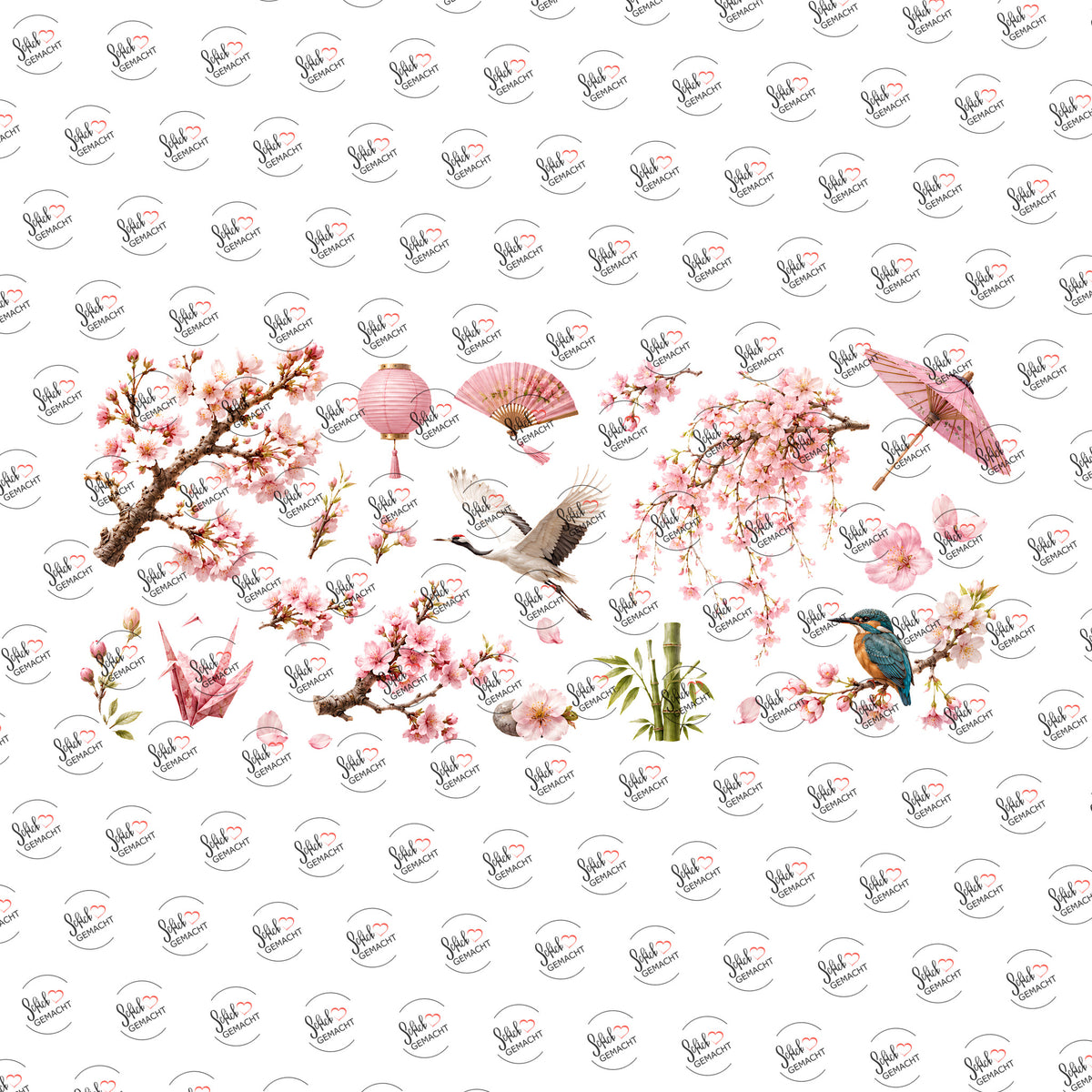 Kirschblüten mit Eisvogel als Rub-on-Sticker, einzeln