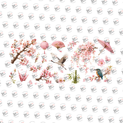 Kirschblüten mit Eisvogel als Rub-on-Sticker, einzeln