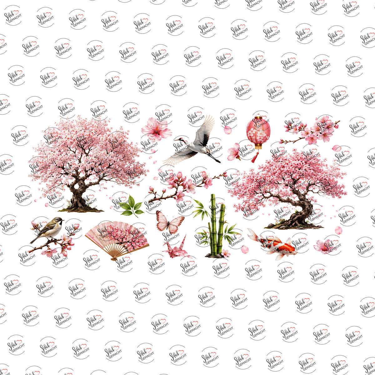 Kirschblüten und Kraniche als Rub-on-Sticker, einzeln