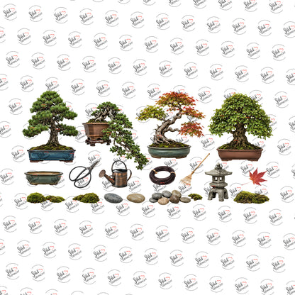 Bonsai mit Gartenwerkzeug als Rub-on-Sticker, einzeln