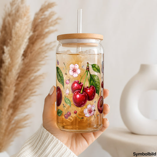 Becher-Aufkleber „Kirschen in Aquarell“ auf einem 16oz Glasbecher