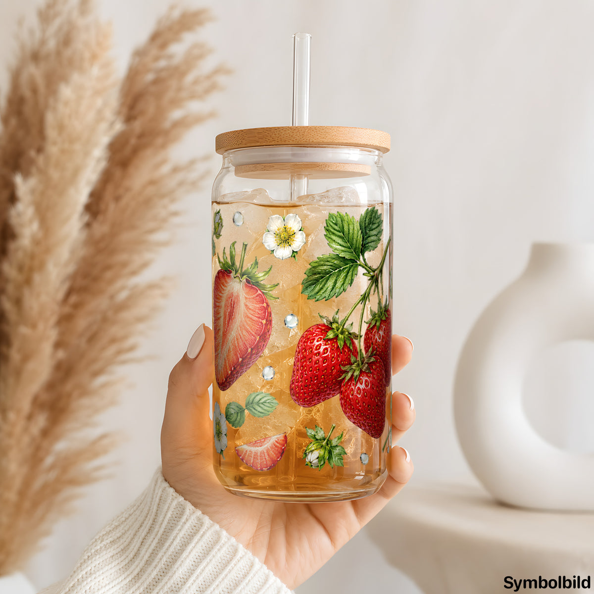 Becher-Aufkleber „Erdbeeren in Aquarell“ auf einem 16oz Glasbecher