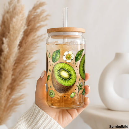 Becher-Aufkleber „Kiwis in Aquarell“ auf einem 16oz Glasbecher