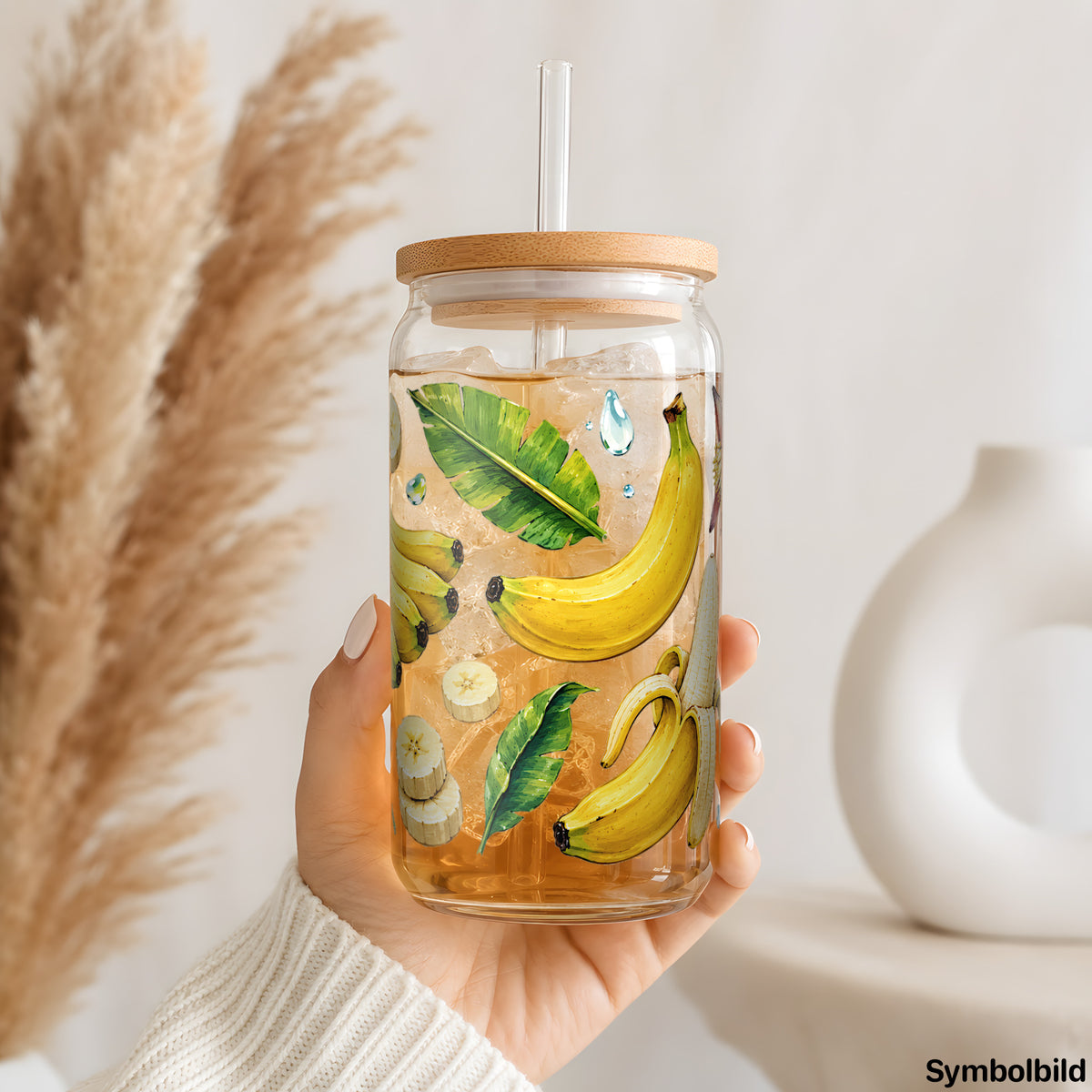 Becher-Aufkleber „Bananen in Aquarell“ auf einem 16oz Glasbecher