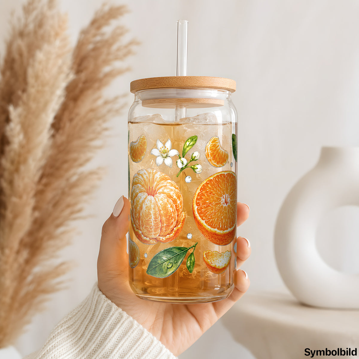 Becher-Aufkleber „Orangen und Mandarinen“ auf einem 16oz Glasbecher