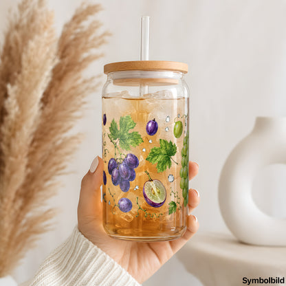 Becher-Aufkleber „Weintrauben in Aquarell“ auf einem 16oz Glasbecher