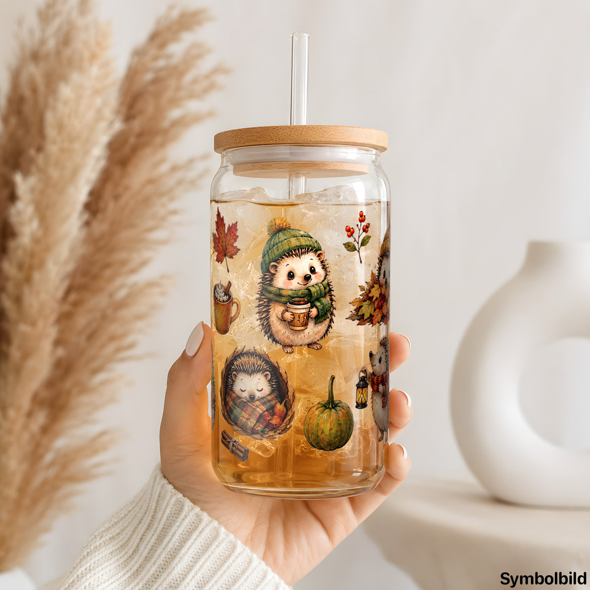 Becher-Aufkleber „Igel im Herbst“ auf einem 16oz Glasbecher
