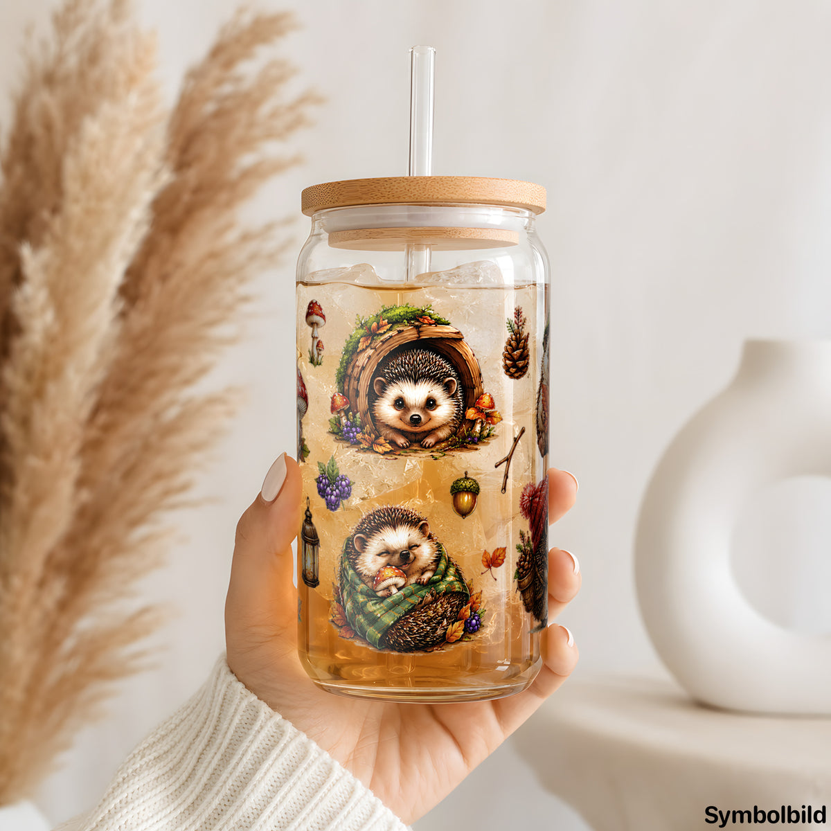 Becher-Aufkleber „Igel mit Fliegenpilzen“ auf einem 16oz Glasbecher