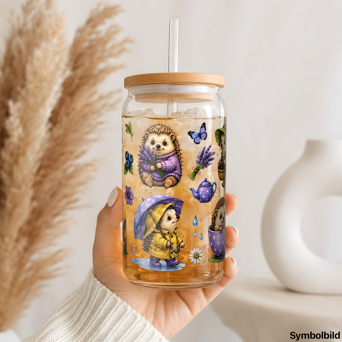 Becher-Aufkleber „Igel im Regenwetter“ auf einem 16oz Glasbecher
