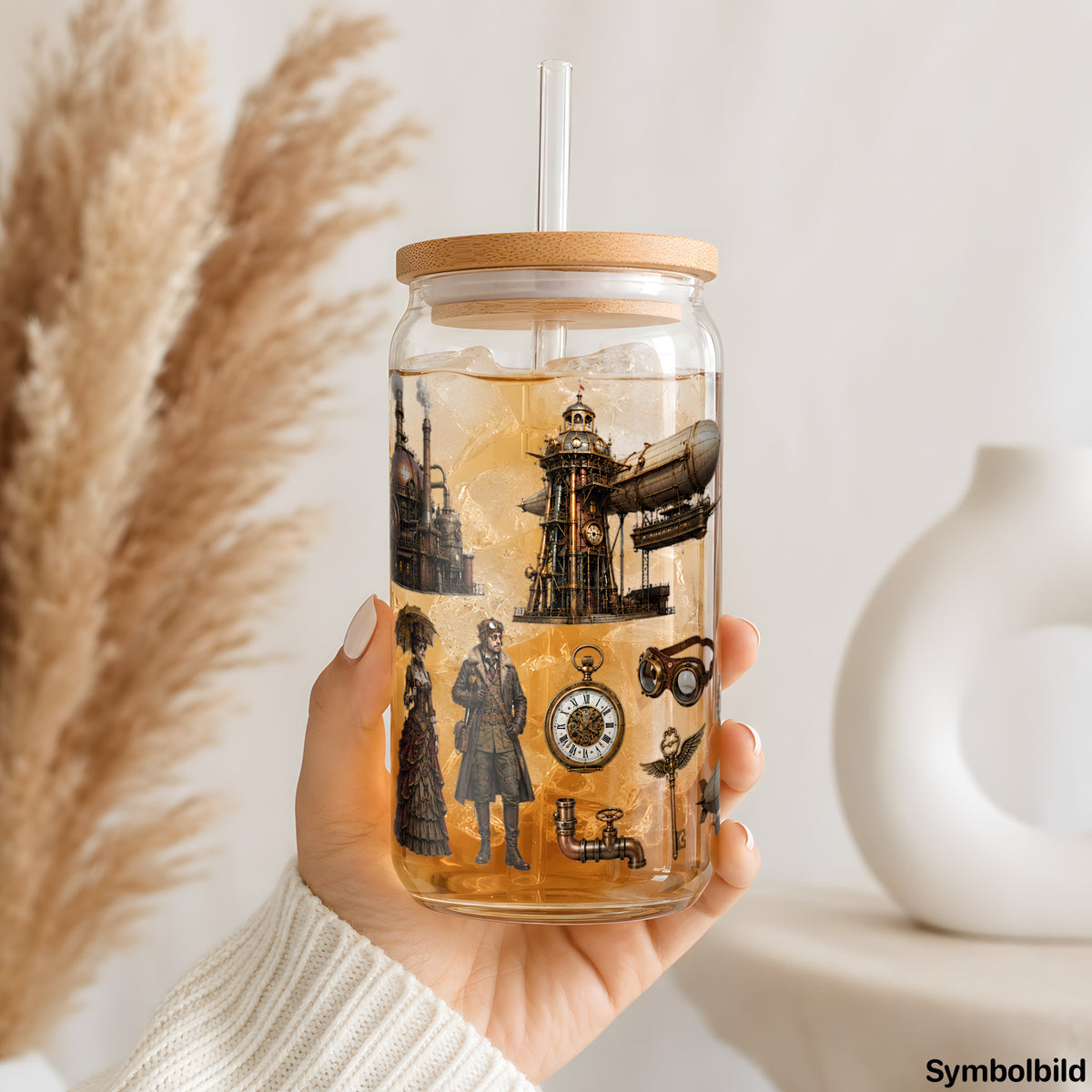Steampunk-Gesellschaft-Aufkleber auf einem 16oz Glasbecher