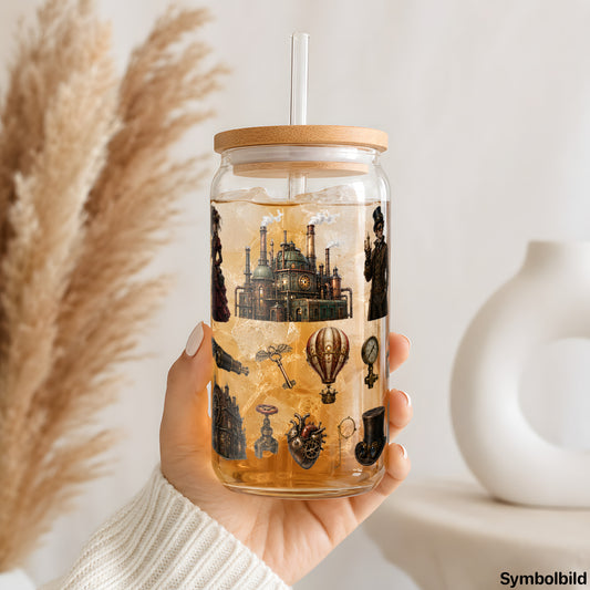 Becher-Aufkleber „Steampunk mit Zahnrädern“ auf einem 16oz Glasbecher