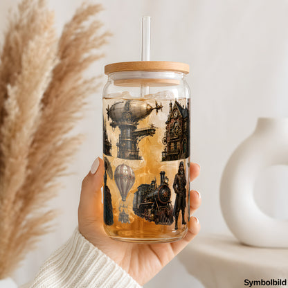 Steampunk-Abenteuer-Aufkleber auf einem 16oz Glasbecher
