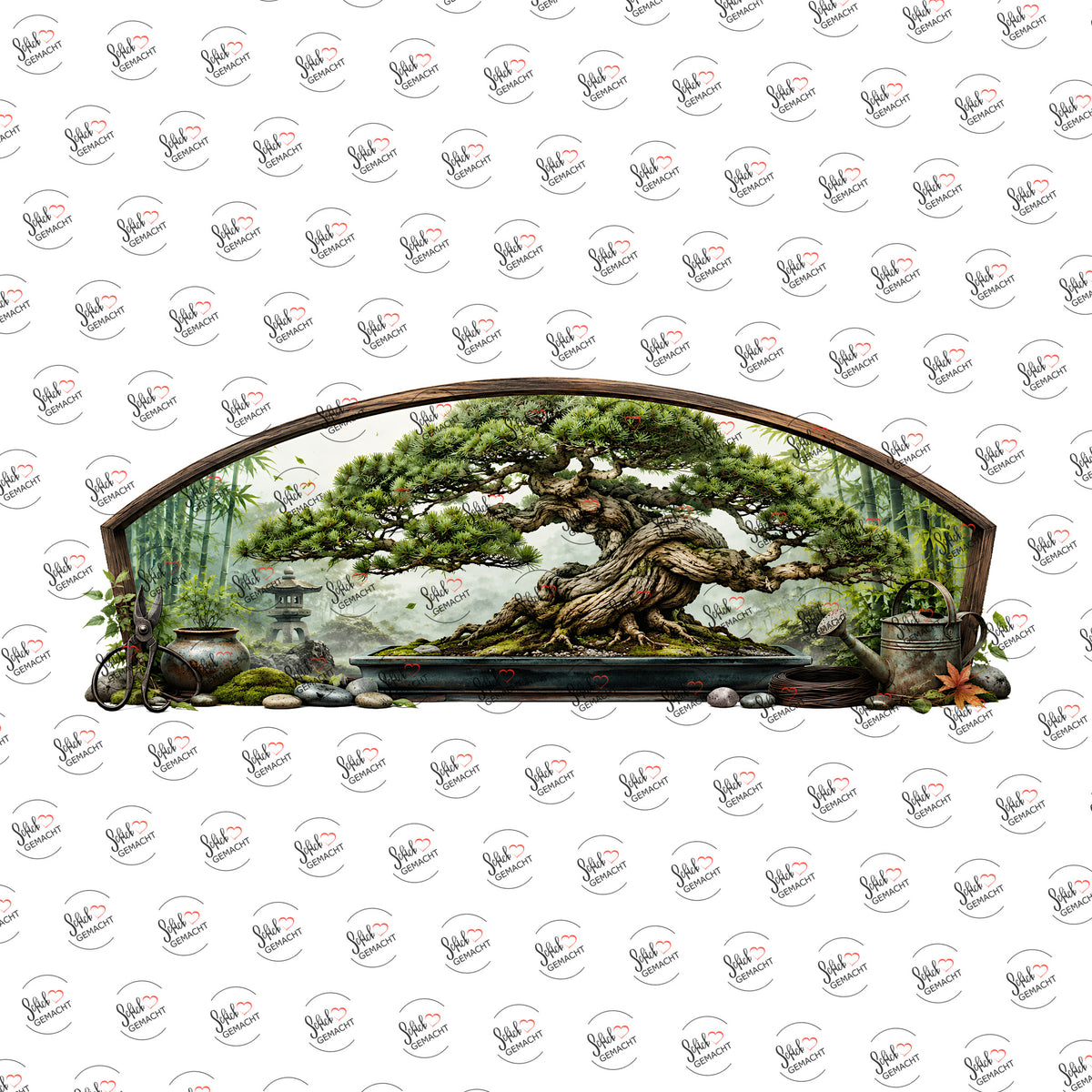 Bonsai hinter Bogenfenster als Rub-on-Sticker, einzeln
