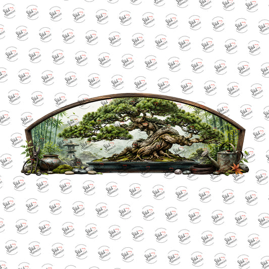Bonsai hinter Bogenfenster als Rub-on-Sticker, einzeln