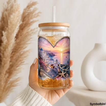 Becher-Aufkleber „Sonnenuntergang im Herzen“ auf einem 16oz Glasbecher
